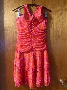 Girls BCX girl Pink & Orange Floral Ruched Sundress with Rosette 16